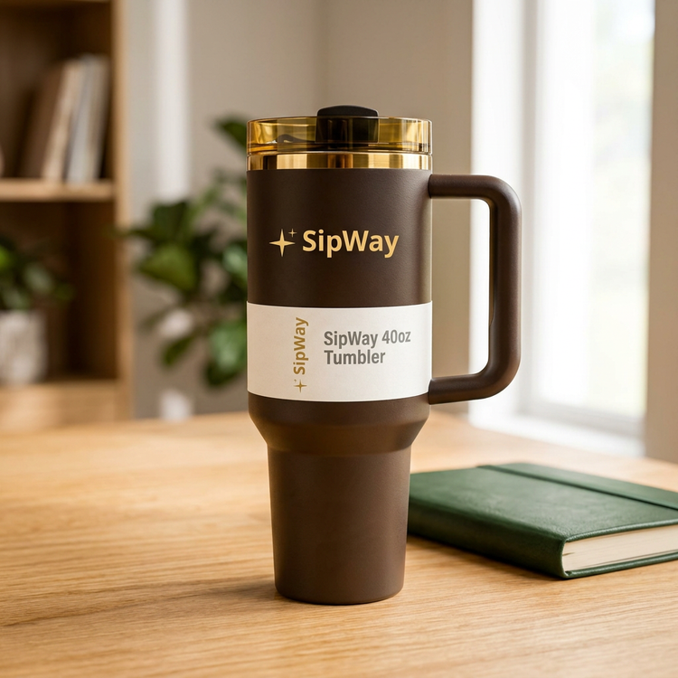 SipWay brown 40oz tumbler on a home office desk