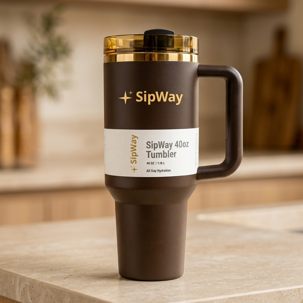 SipWay brown 40oz tumbler with gold-tone details on a kitchen counter